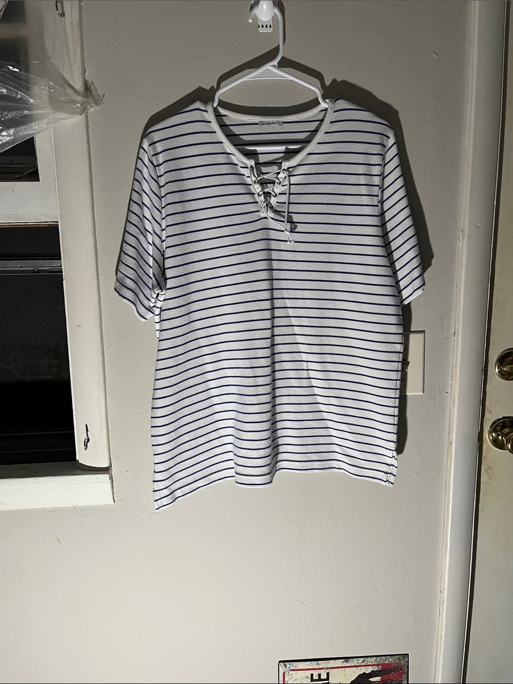 Lace-Up Striped Kids Tee in White & Navy